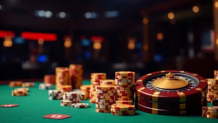 Casino Games Guide: A vibrant image of a roulette wheel and slot machines, symbolizing casino entertainment.